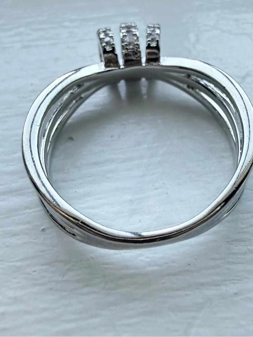 NEW! 14k White Gold Plated Triple-Hoop Ring with Clear Cubic Zirconia Accents